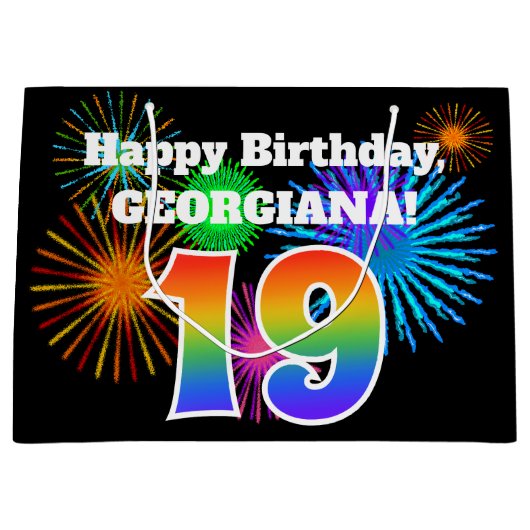 Fun Fireworks + Rainbow Pattern "19" Birthday # Groot Cadeauzakje (Voorkant)