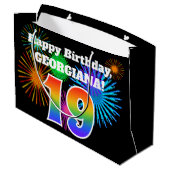 Fun Fireworks + Rainbow Pattern "19" Birthday # Groot Cadeauzakje (Achterkant Gekanteld)
