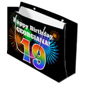 Fun Fireworks + Rainbow Pattern "19" Birthday # Groot Cadeauzakje (Voorkant Gekanteld)