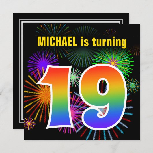Fun Fireworks + Rainbow Pattern "19" Birthday # Kaart (Voorkant / Achterkant)