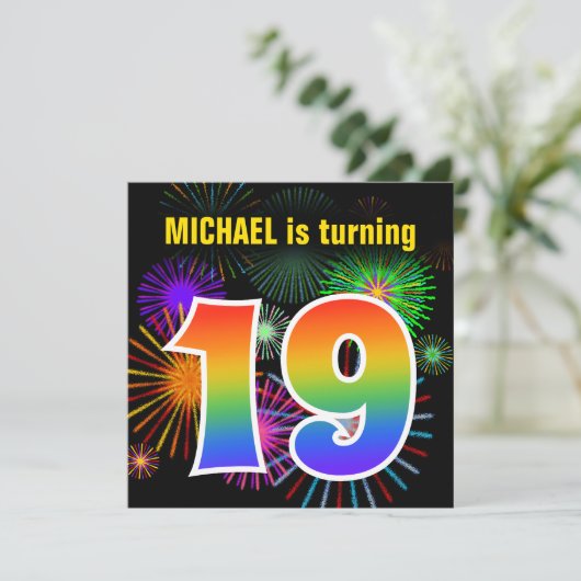 Fun Fireworks + Rainbow Pattern "19" Birthday # Kaart (Staand voorkant)