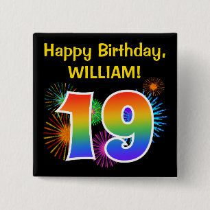 Fun Fireworks + Rainbow Pattern "19" Birthday # Vierkante Button 5,1 Cm