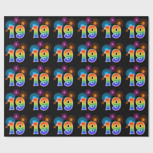 Fun Fireworks + Rainbow Pattern "19" Event Number Cadeaupapier (Vlak)
