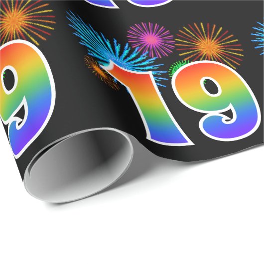 Fun Fireworks + Rainbow Pattern "19" Event Number Cadeaupapier (Rol Hoek)