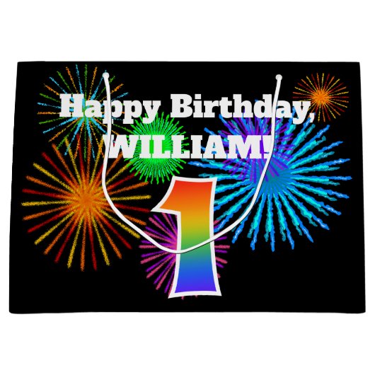 Fun Fireworks + Rainbow Pattern "1" Birthday # Groot Cadeauzakje (Voorkant)