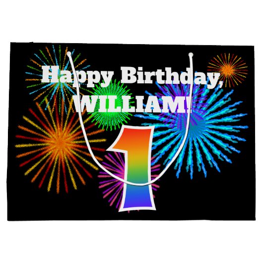 Fun Fireworks + Rainbow Pattern "1" Birthday # Groot Cadeauzakje (Achterkant)