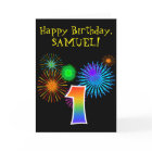 Fun Fireworks + Rainbow Pattern "1" Birthday #