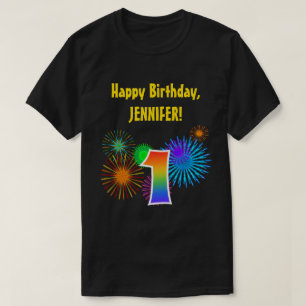 Fun Fireworks + Rainbow Pattern "1" Birthday # T-shirt