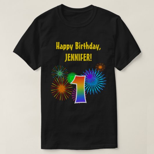 Fun Fireworks + Rainbow Pattern "1" Birthday # T-shirt (Design voorkant)