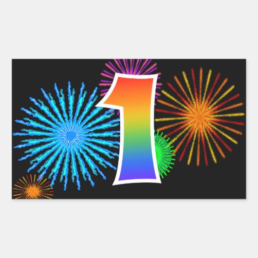 Fun Fireworks + Rainbow Pattern "1" Event Number Rechthoekige Sticker (Voorkant)