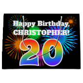 Fun Fireworks + Rainbow Pattern "20" Birthday # Groot Cadeauzakje (Voorkant)