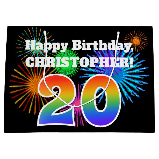 Fun Fireworks + Rainbow Pattern "20" Birthday # Groot Cadeauzakje (Voorkant)