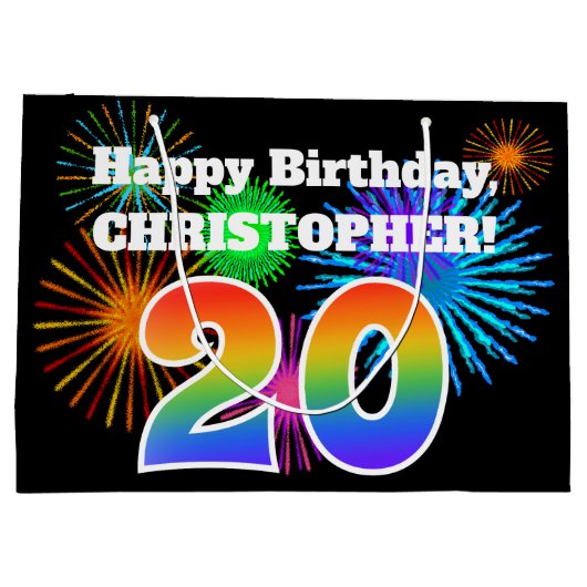 Fun Fireworks + Rainbow Pattern "20" Birthday # Groot Cadeauzakje (Achterkant)