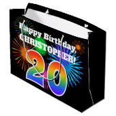 Fun Fireworks + Rainbow Pattern "20" Birthday # Groot Cadeauzakje (Achterkant Gekanteld)
