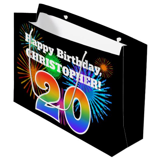 Fun Fireworks + Rainbow Pattern "20" Birthday # Groot Cadeauzakje (Voorkant Gekanteld)