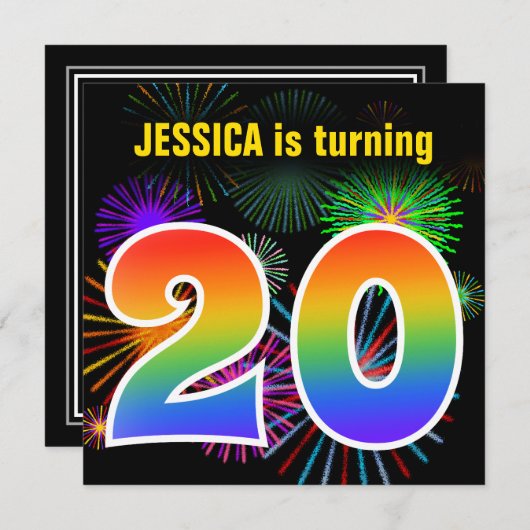 Fun Fireworks + Rainbow Pattern "20" Birthday # Kaart (Voorkant / Achterkant)