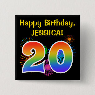 Fun Fireworks + Rainbow Pattern "20" Birthday # Vierkante Button 5,1 Cm