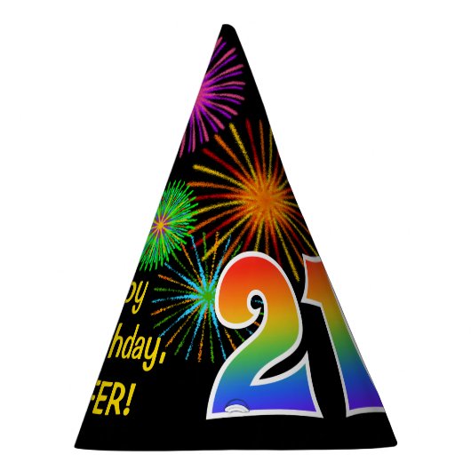 Fun Fireworks + Rainbow Pattern "21" Birthday # Feesthoedjes (Rechts)