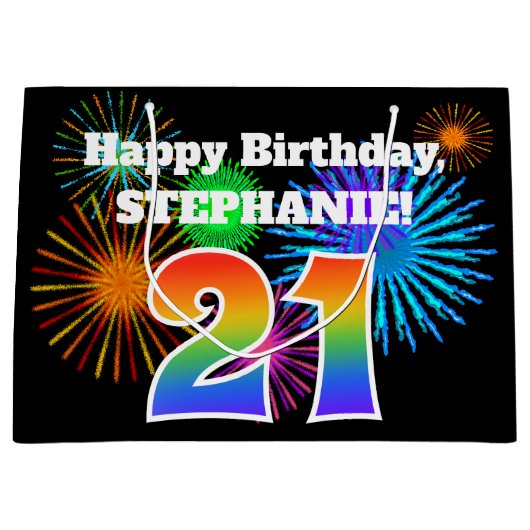 Fun Fireworks + Rainbow Pattern "21" Birthday # Groot Cadeauzakje (Voorkant)