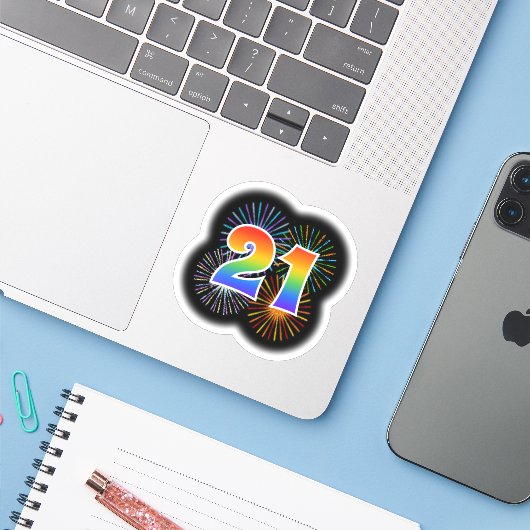 Fun Fireworks + Rainbow Pattern "21" Event # Sticker (Laptop met iPhone)