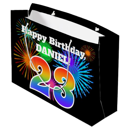 Fun Fireworks + Rainbow Pattern "23" Birthday # Groot Cadeauzakje (Achterkant Gekanteld)