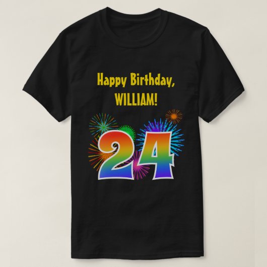 Fun Fireworks + Rainbow Pattern "24" Birthday # T-shirt (Design voorkant)