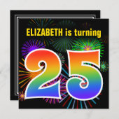 Fun Fireworks + Rainbow Pattern "25" Birthday # Kaart (Voorkant / Achterkant)