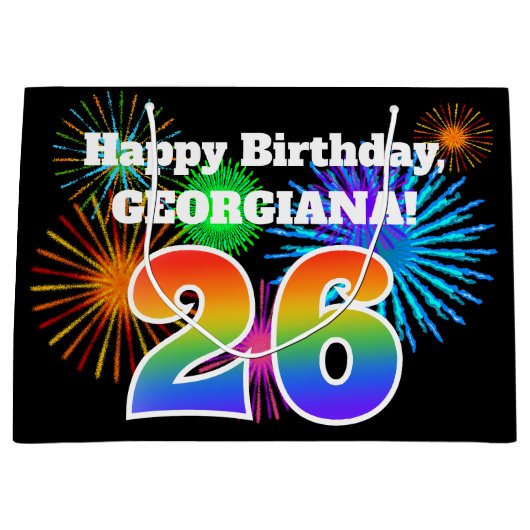 Fun Fireworks + Rainbow Pattern "26" Birthday # Groot Cadeauzakje (Voorkant)