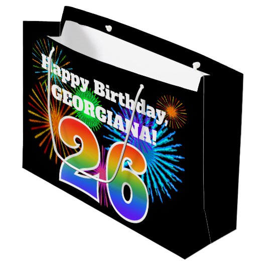 Fun Fireworks + Rainbow Pattern "26" Birthday # Groot Cadeauzakje (Voorkant Gekanteld)