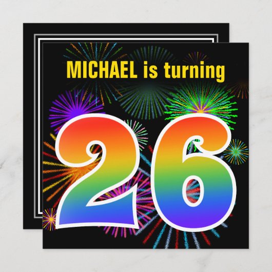 Fun Fireworks + Rainbow Pattern "26" Birthday # Kaart (Voorkant / Achterkant)