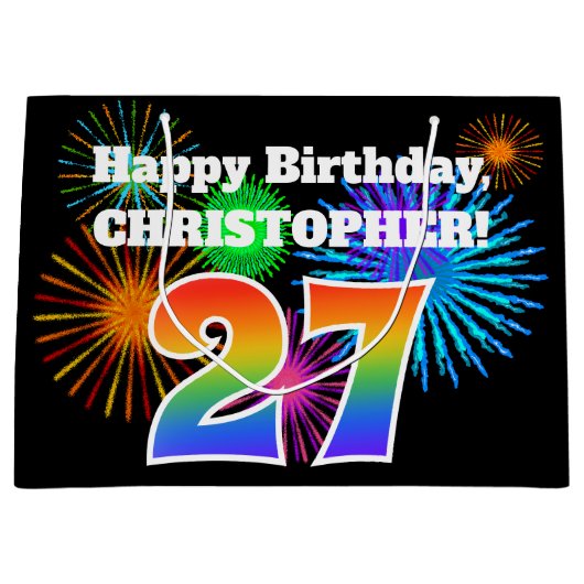 Fun Fireworks + Rainbow Pattern "27" Birthday # Groot Cadeauzakje (Voorkant)