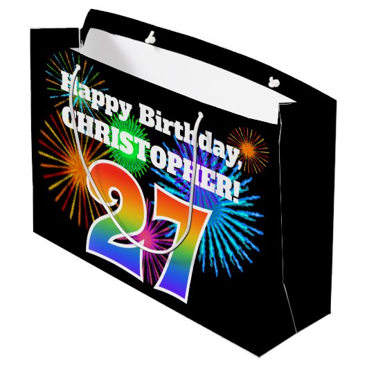 Fun Fireworks + Rainbow Pattern "27" Birthday # Groot Cadeauzakje (Achterkant Gekanteld)
