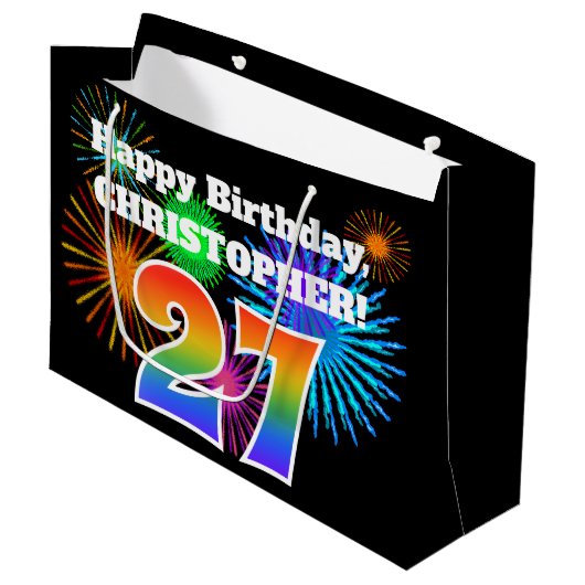 Fun Fireworks + Rainbow Pattern "27" Birthday # Groot Cadeauzakje (Voorkant Gekanteld)
