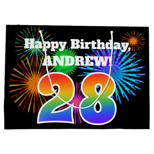 Fun Fireworks + Rainbow Pattern "28" Birthday # Groot Cadeauzakje (Achterkant)