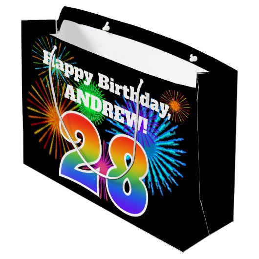 Fun Fireworks + Rainbow Pattern "28" Birthday # Groot Cadeauzakje (Achterkant Gekanteld)