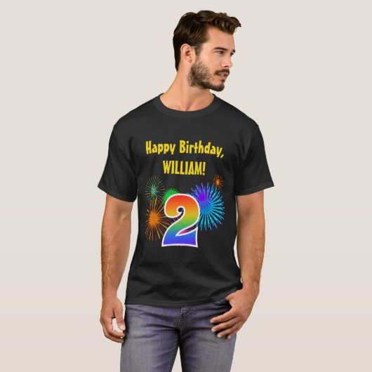 Fun Fireworks + Rainbow Pattern "2" Birthday # T-shirt (Voorkant volledig)