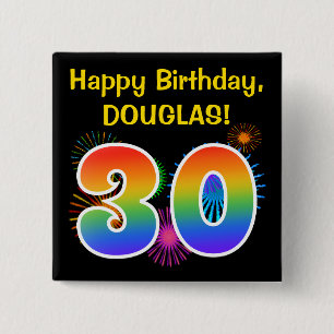 Fun Fireworks + Rainbow Pattern "30" Birthday # Vierkante Button 5,1 Cm