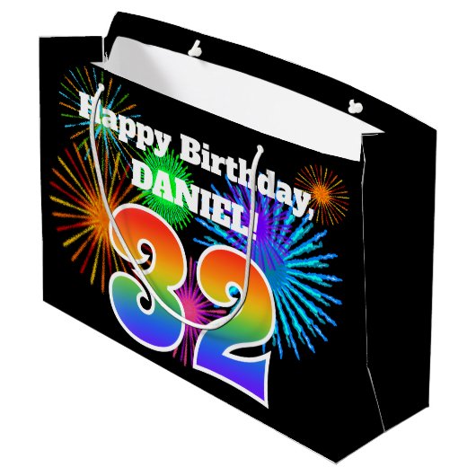 Fun Fireworks + Rainbow Pattern "32" Birthday # Groot Cadeauzakje (Achterkant Gekanteld)
