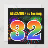Fun Fireworks + Rainbow Pattern "32" Birthday # Kaart (Voorkant)