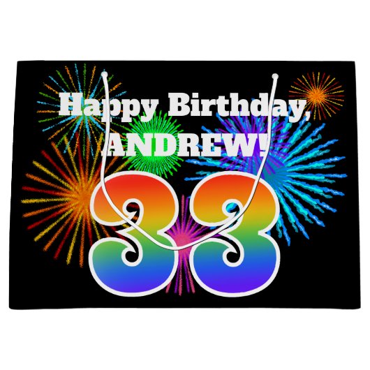 Fun Fireworks + Rainbow Pattern "33" Birthday # Groot Cadeauzakje (Voorkant)