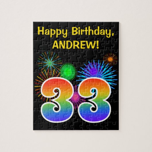 Fun Fireworks + Rainbow Pattern "33" Birthday # Legpuzzel (Verticaal)
