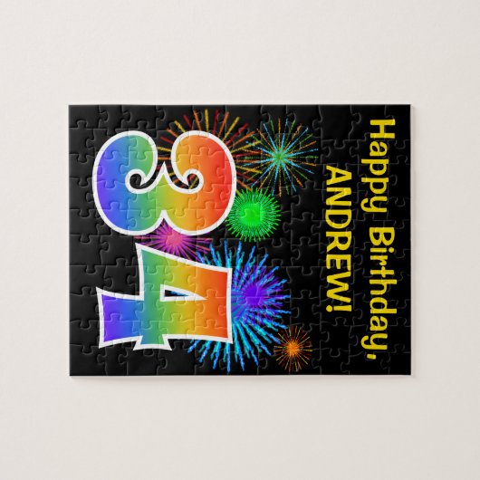 Fun Fireworks + Rainbow Pattern "34" Birthday # Legpuzzel (Horizontaal)
