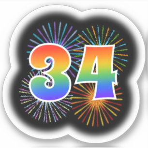 Fun Fireworks + Rainbow Pattern "34" Event # Sticker