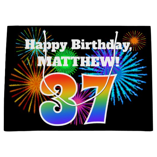 Fun Fireworks + Rainbow Pattern "37" Birthday # Groot Cadeauzakje (Voorkant)