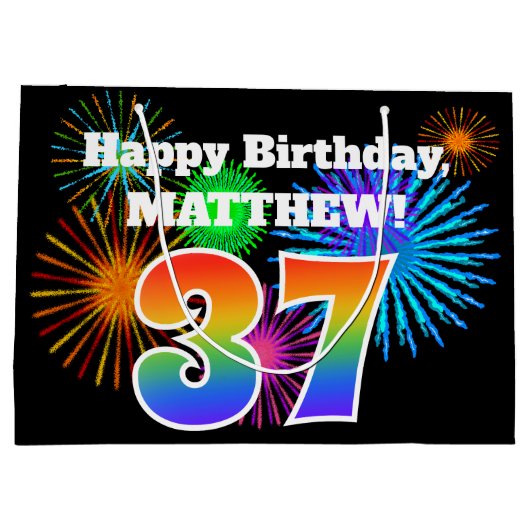 Fun Fireworks + Rainbow Pattern "37" Birthday # Groot Cadeauzakje (Achterkant)