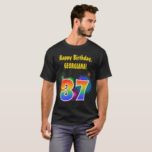 Fun Fireworks + Rainbow Pattern "37" Birthday # T-shirt (Voorkant volledig)