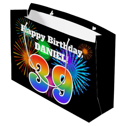 Fun Fireworks + Rainbow Pattern "39" Birthday # Groot Cadeauzakje (Achterkant Gekanteld)