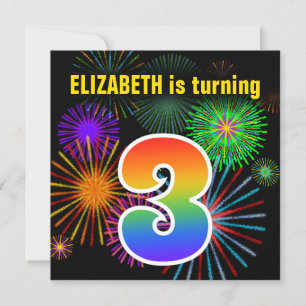 Fun Fireworks + Rainbow Pattern "3" Birthday # Kaart