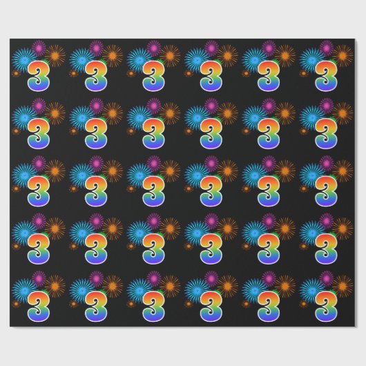 Fun Fireworks + Rainbow Pattern "3" Event Number Cadeaupapier (Vlak)