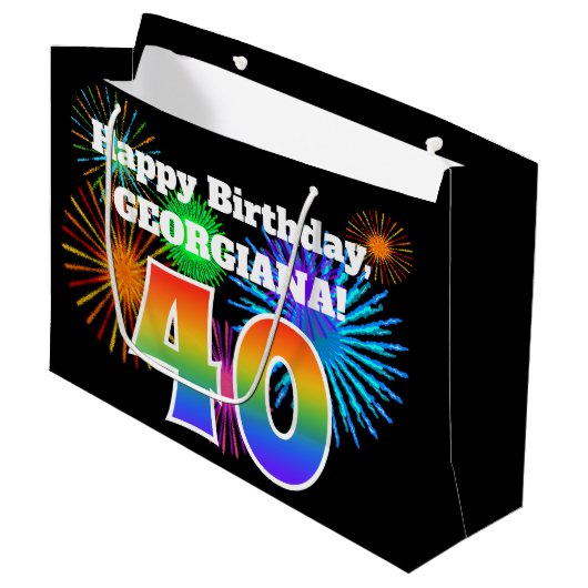 Fun Fireworks + Rainbow Pattern "40" Birthday # Groot Cadeauzakje (Voorkant Gekanteld)